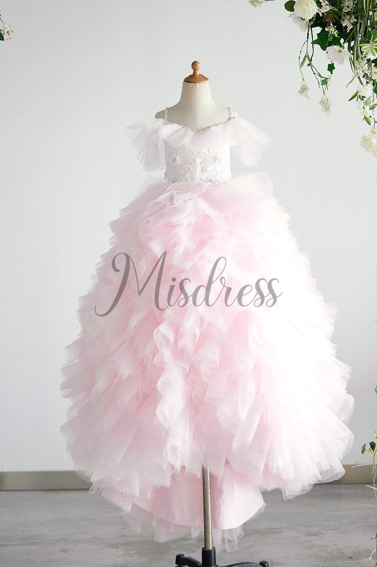Off Shoulder Pink Polka Dot Lace Tulle Ball Gown Wedding Flower Girl Dress - Flower Girl Dresses