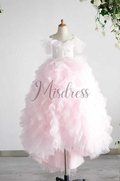 Off Shoulder Pink Polka Dot Lace Tulle Ball Gown Wedding Flower Girl Dress - Flower Girl Dresses