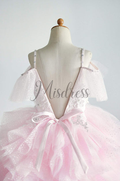 Off Shoulder Pink Polka Dot Lace Tulle Ball Gown Wedding Flower Girl Dress - Flower Girl Dresses