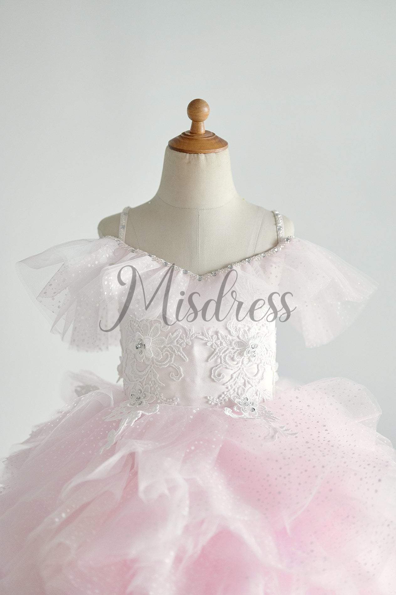 Off Shoulder Pink Polka Dot Lace Tulle Ball Gown Wedding Flower Girl Dress - Flower Girl Dresses