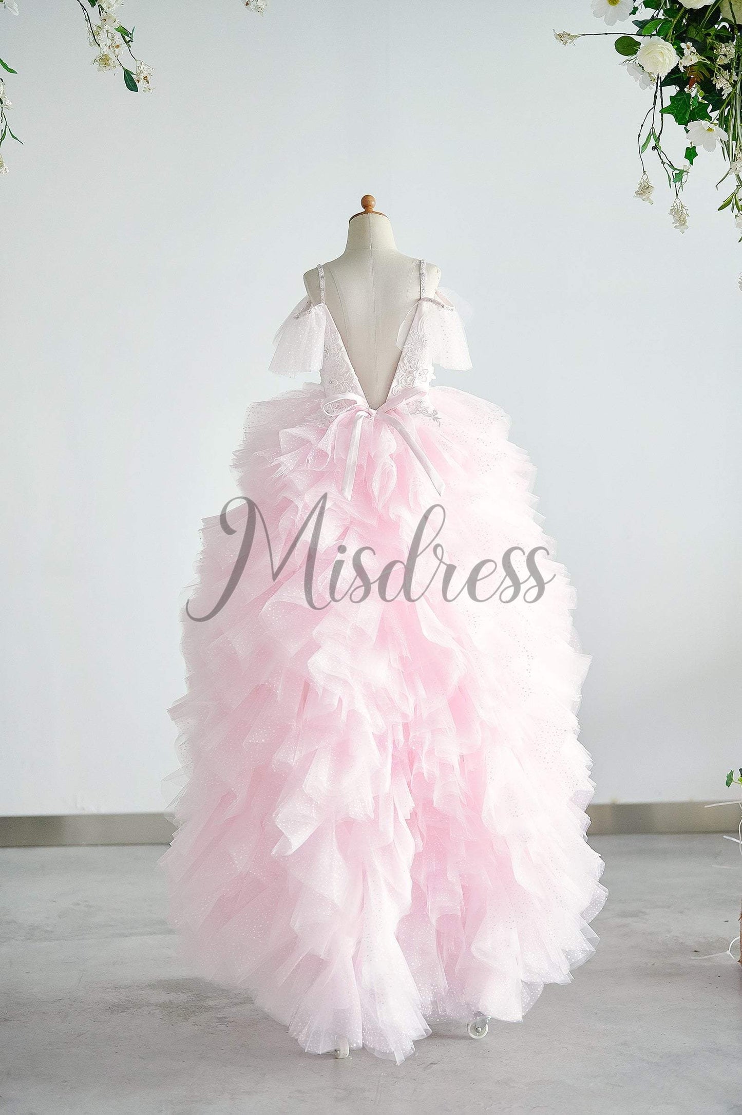 Off Shoulder Pink Polka Dot Lace Tulle Ball Gown Wedding Flower Girl Dress - Flower Girl Dresses