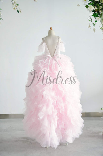 Off Shoulder Pink Polka Dot Lace Tulle Ball Gown Wedding Flower Girl Dress - Flower Girl Dresses