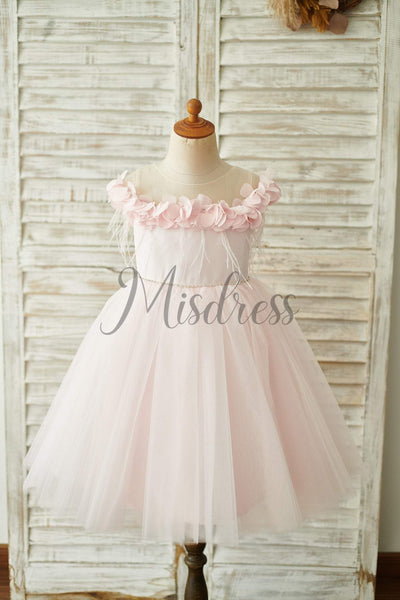 Off Shoulder Pink Tulle Feathers Wedding Party Flower Girl Dress - Flower Girl Dresses