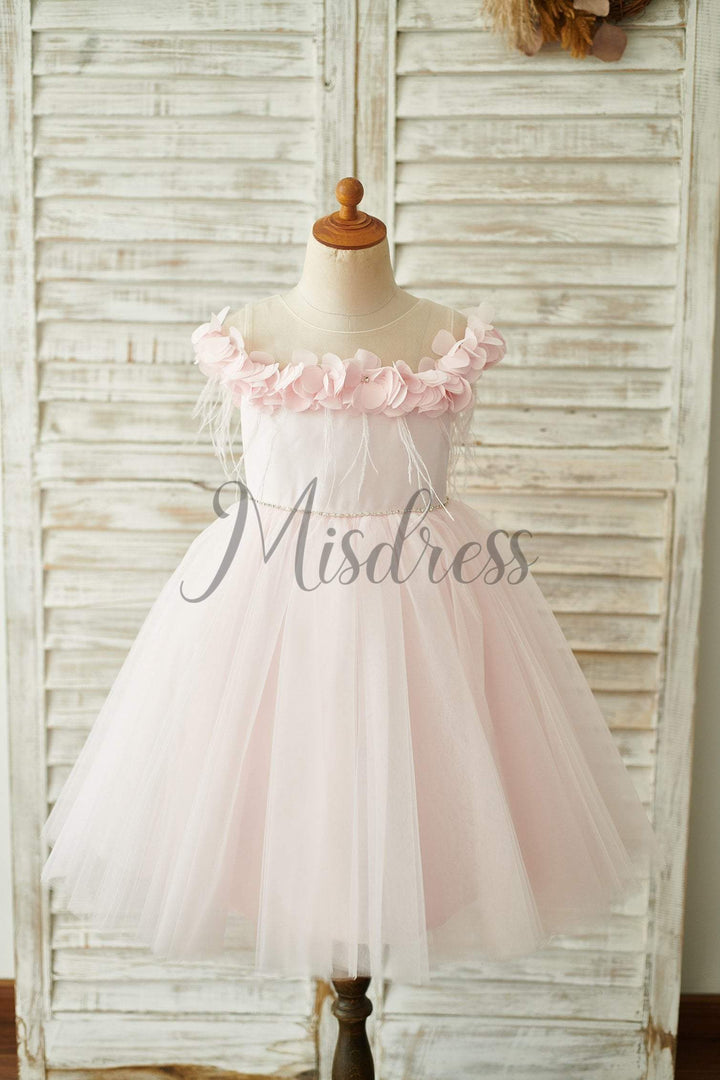Off Shoulder Pink Tulle Feathers Wedding Party Flower Girl Dress - Flower Girl Dresses