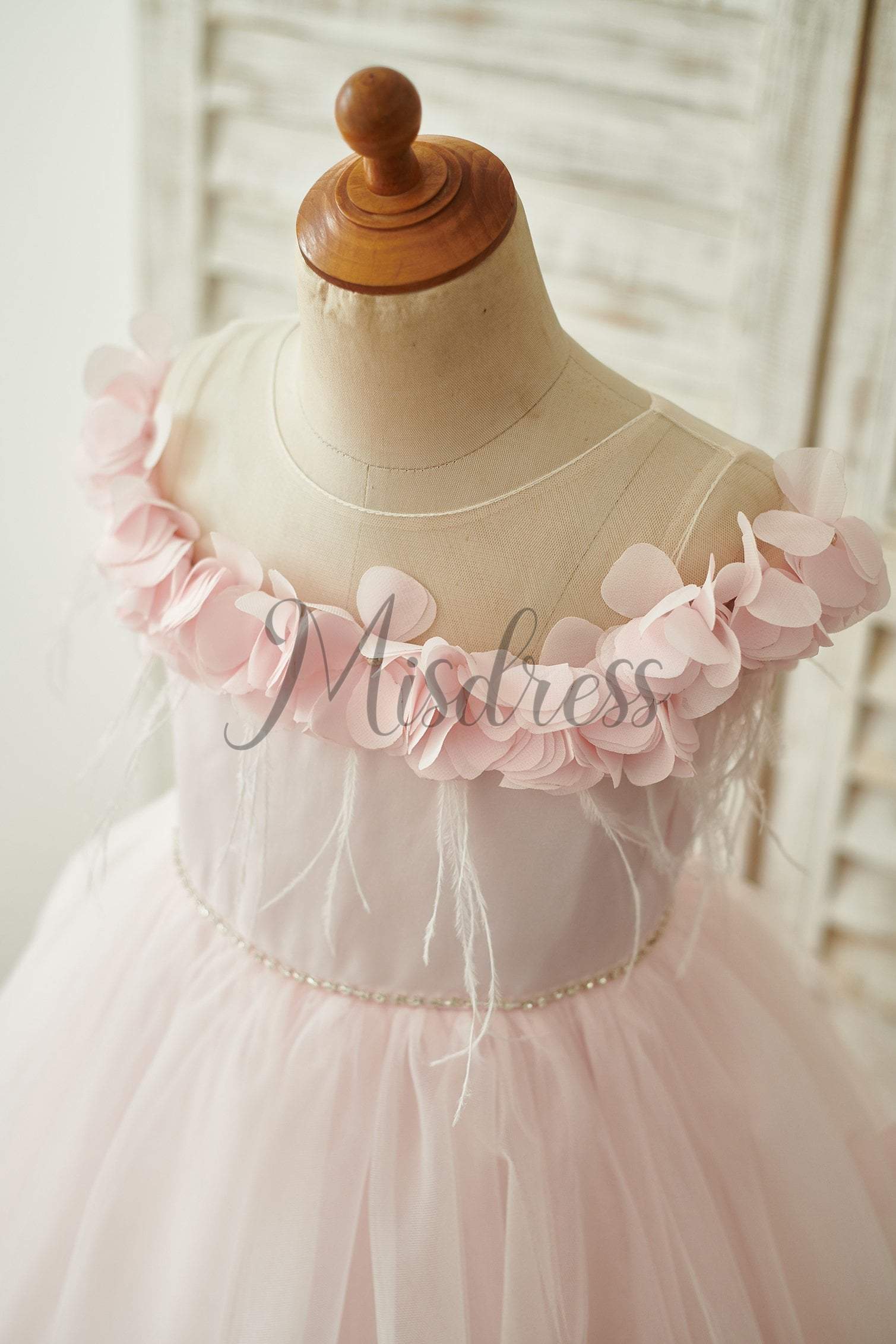 Off Shoulder Pink Tulle Feathers Wedding Party Flower Girl Dress - Flower Girl Dresses
