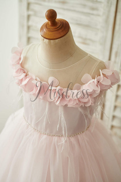 Off Shoulder Pink Tulle Feathers Wedding Party Flower Girl Dress - Flower Girl Dresses