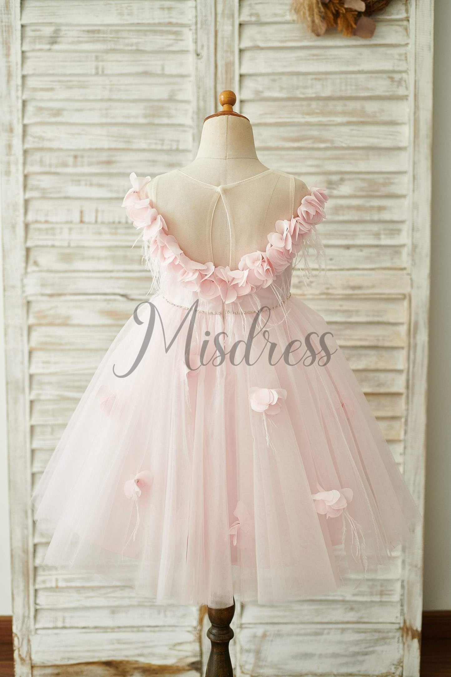 Off Shoulder Pink Tulle Feathers Wedding Party Flower Girl Dress - Flower Girl Dresses