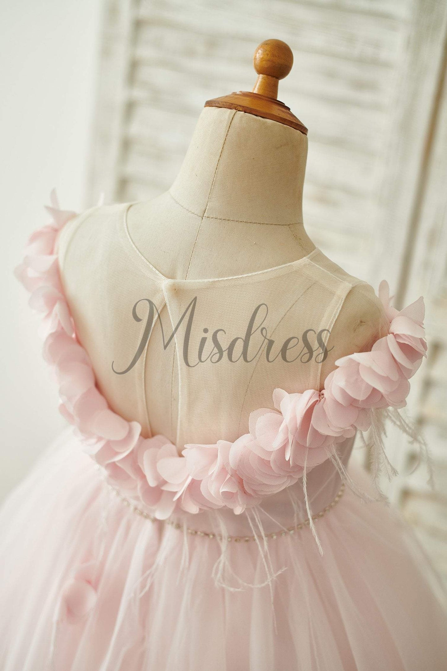 Off Shoulder Pink Tulle Feathers Wedding Party Flower Girl Dress - Flower Girl Dresses