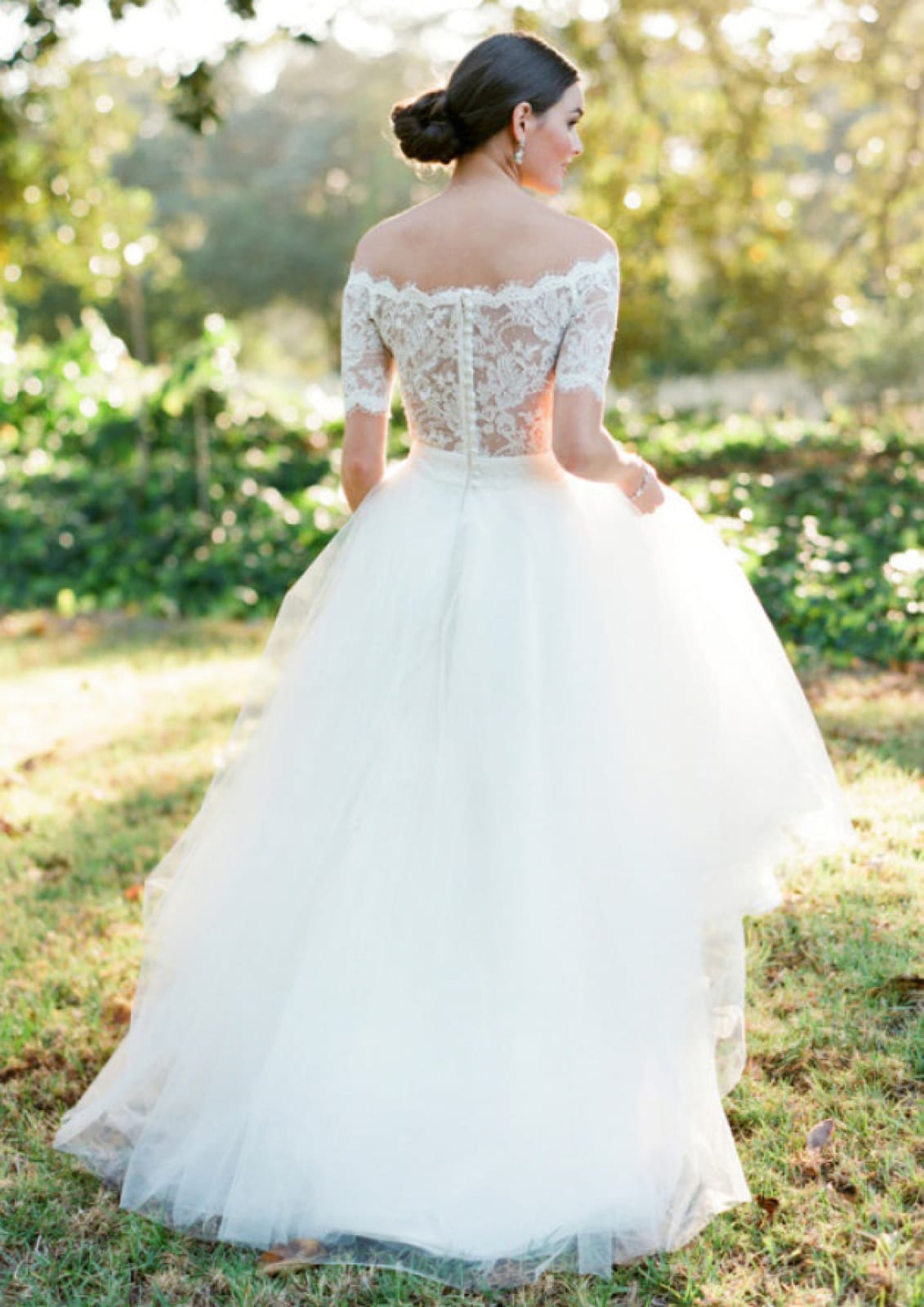 Off Shoulder Short Sleeve Long Lace Tulle Princess Wedding 