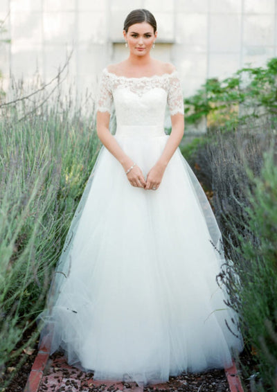 Off Shoulder Short Sleeve Long Lace Tulle Princess Wedding 