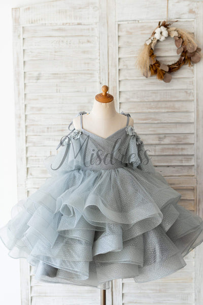 Silver Gray Glittering Tulle Spaghetti Straps V Back Wedding Flower Girl Dress Kids Party Dress