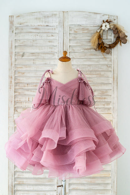 Silver Gray Glittering Tulle Spaghetti Straps V Back Wedding Flower Girl Dress Kids Party Dress - 1T / Mauve