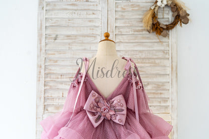 Silver Gray Glittering Tulle Spaghetti Straps V Back Wedding Flower Girl Dress Kids Party Dress