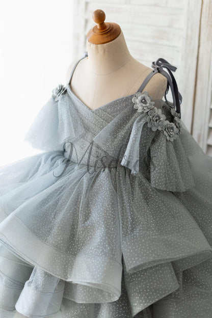 Silver Gray Glittering Tulle Spaghetti Straps V Back Wedding Flower Girl Dress Kids Party Dress