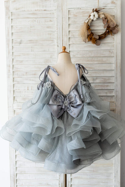 Silver Gray Glittering Tulle Spaghetti Straps V Back Wedding Flower Girl Dress Kids Party Dress