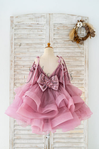 Silver Gray Glittering Tulle Spaghetti Straps V Back Wedding Flower Girl Dress Kids Party Dress
