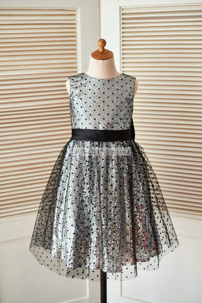 Silver Sequin Black Polka Dot Tulle Wedding Flower Girl Dress with Keyhole Back - Flower Girl Dresses
