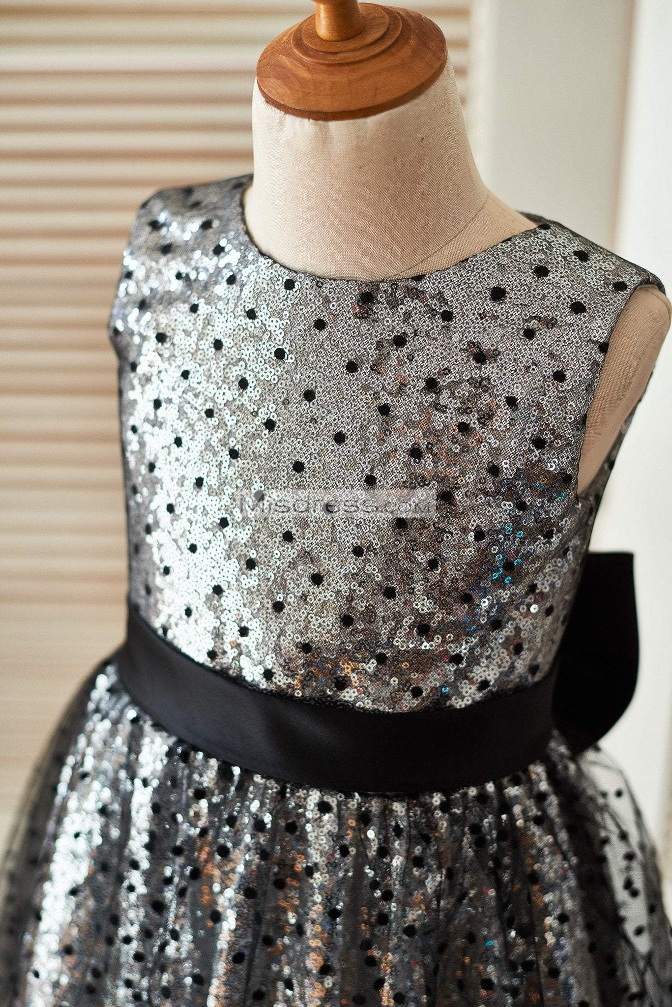 Silver Sequin Black Polka Dot Tulle Wedding Flower Girl Dress with Keyhole Back - Flower Girl Dresses