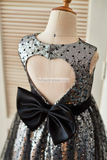 Silver Sequin Black Polka Dot Tulle Wedding Flower Girl Dress with Keyhole Back - Flower Girl Dresses