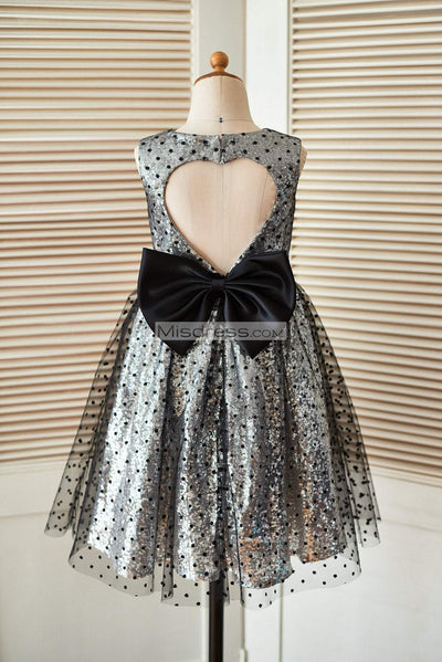 Silver Sequin Black Polka Dot Tulle Wedding Flower Girl Dress with Keyhole Back - Flower Girl Dresses