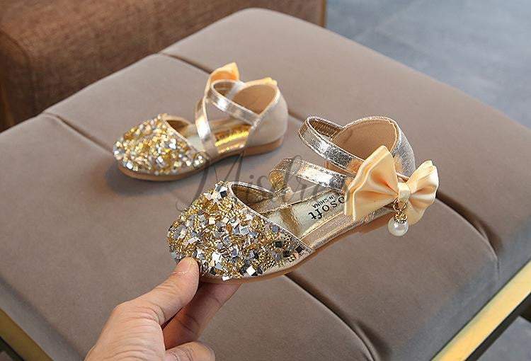 Silver/Gold/Pink Bow Leather Sequin Sandals Baby Dancing Shoes Flower Girl Shoes - EU Size 21 / Gold