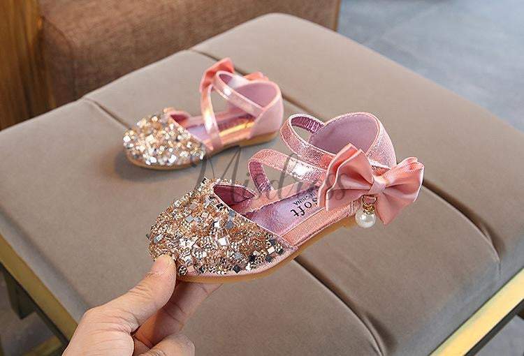 Silver/Gold/Pink Bow Leather Sequin Sandals Baby Dancing Shoes Flower Girl Shoes - EU Size 21 / Pink