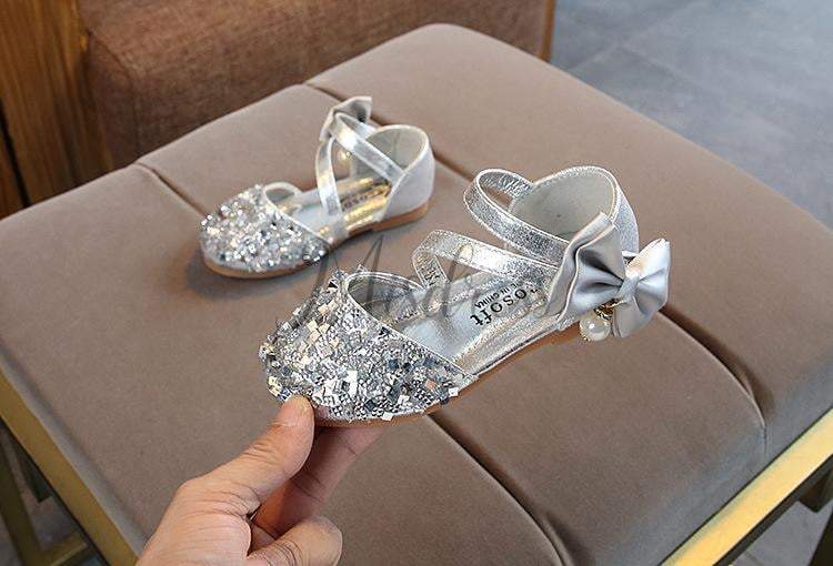 Silver/Gold/Pink Bow Leather Sequin Sandals Baby Dancing Shoes Flower Girl Shoes - EU Size 21 / Silver