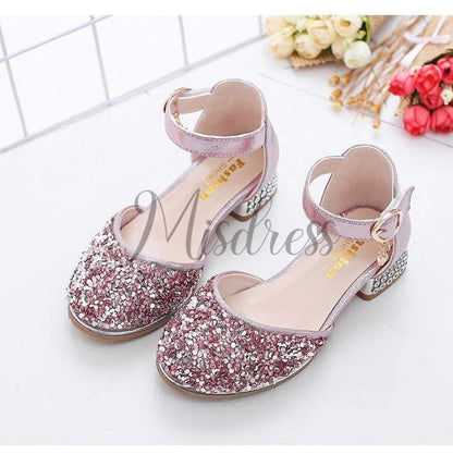 Silver/Pink Glitter Rhinestone High Heel Baby Kids Princess Party Shoes Wedding Flower Girl Shoes - EU Size 26 / Pink