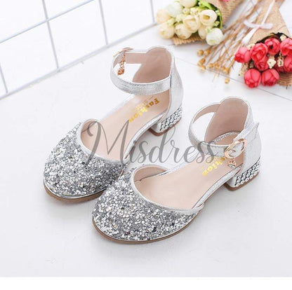 Silver/Pink Glitter Rhinestone High Heel Baby Kids Princess Party Shoes Wedding Flower Girl Shoes - EU Size 26 / Silver