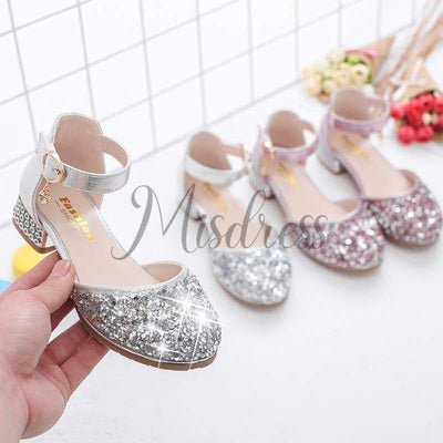 Silver/Pink Glitter Rhinestone High Heel Baby Kids Princess Party Shoes Wedding Flower Girl Shoes