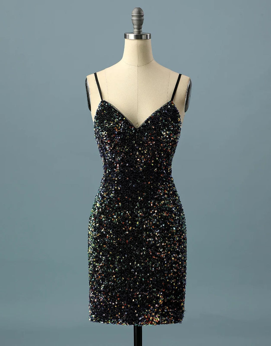 sachin and babi light blue dress Simple Black Sequin Spaghetti Straps V Back Short Homecoming Dress