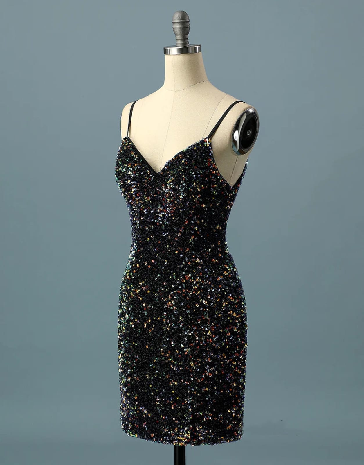 Simple Black Sequin Spaghetti Straps V Back Short Homecoming