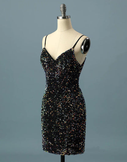 Simple Black Sequin Spaghetti Straps V Back Short Homecoming
