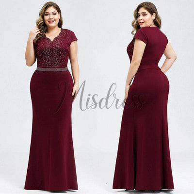 Plus Size Beaded Satin Evening Prom Dress - Prom Dresses