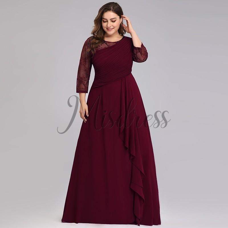 Plus Size Lace Chiffon Long Sleeves Ruffles Floor Length Evening Prom Dress 10 / Burgundy Plus Size Lace Chiffon Long Sleeves Ruffles Floor Length Evening Prom Dress 10 / Burgundy