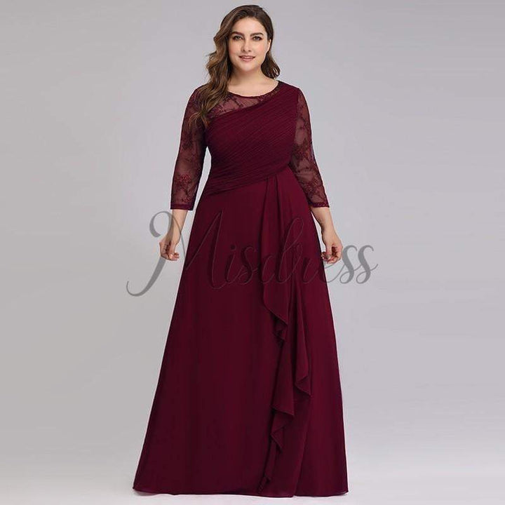 Plus Size Lace Chiffon Long Sleeves Ruffles Floor Length Evening Prom Dress 26 / Burgundy