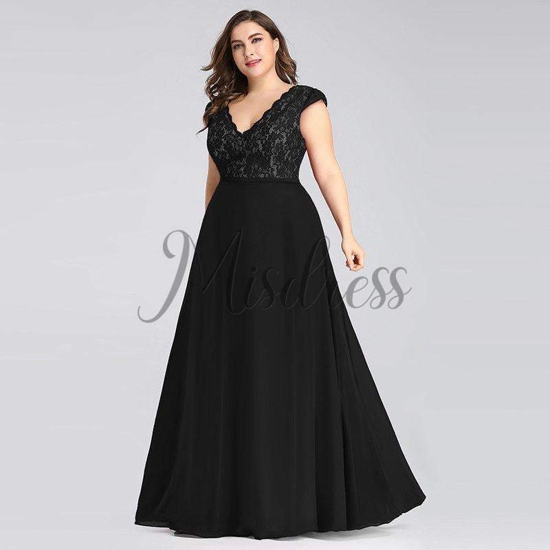 Plus Size V Neck Lace Chiffon Evening Party Dress - Prom Dresses
