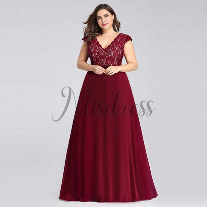 Plus Size V Neck Lace Chiffon Evening Party Dress - Prom Dresses