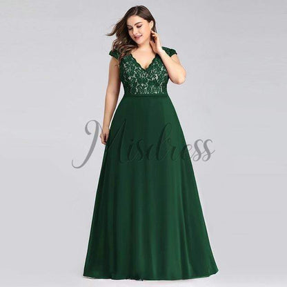 Plus Size V Neck Lace Chiffon Evening Party Dress - 2 / Green - Prom Dresses