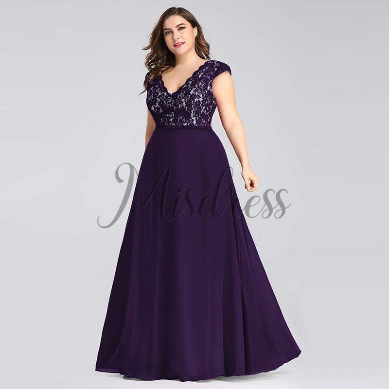Plus Size V Neck Lace Chiffon Evening Party Dress - Prom Dresses