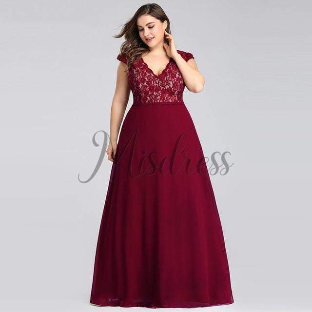 Plus Size V Neck Lace Chiffon Evening Party Dress - Prom Dresses