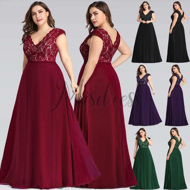 Plus Size V Neck Lace Chiffon Evening Party Dress - Prom Dresses