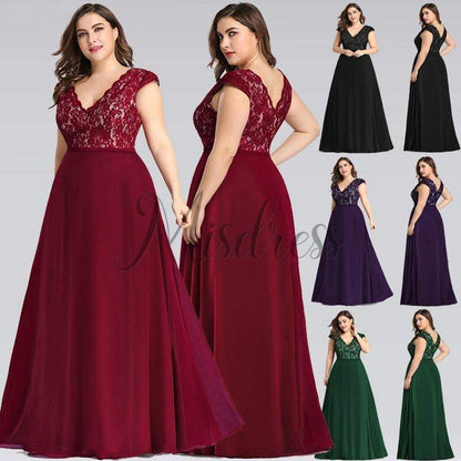 Plus Size V Neck Lace Chiffon Evening Party Dress - Prom Dresses