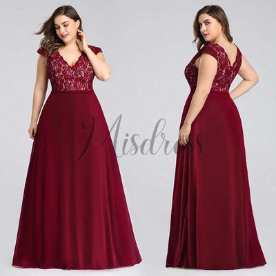 Plus Size V Neck Lace Chiffon Evening Party Dress - Prom Dresses