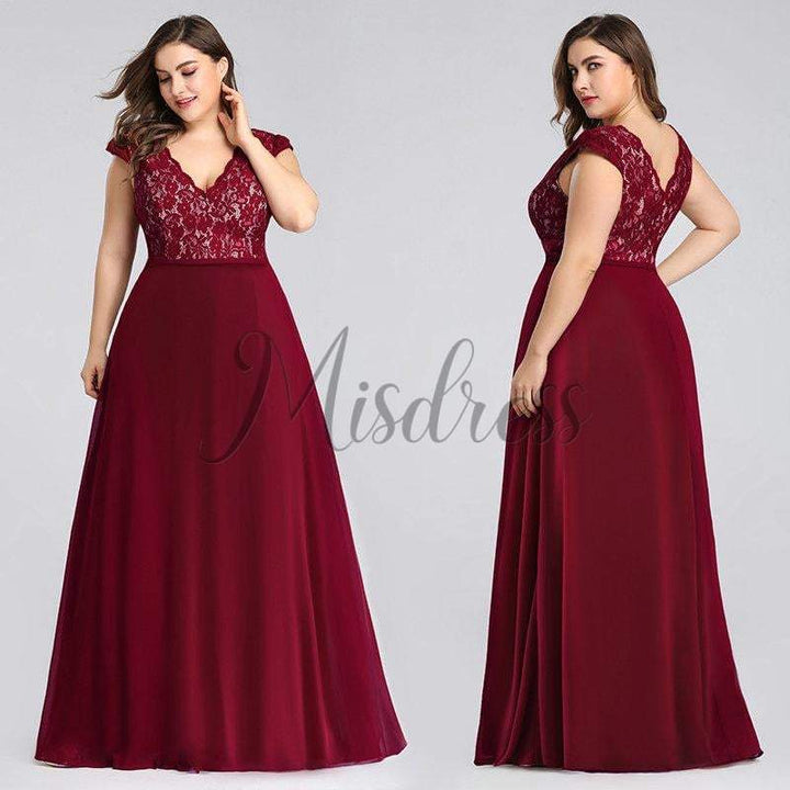 Plus Size V Neck Lace Chiffon Evening Party Dress - Prom Dresses