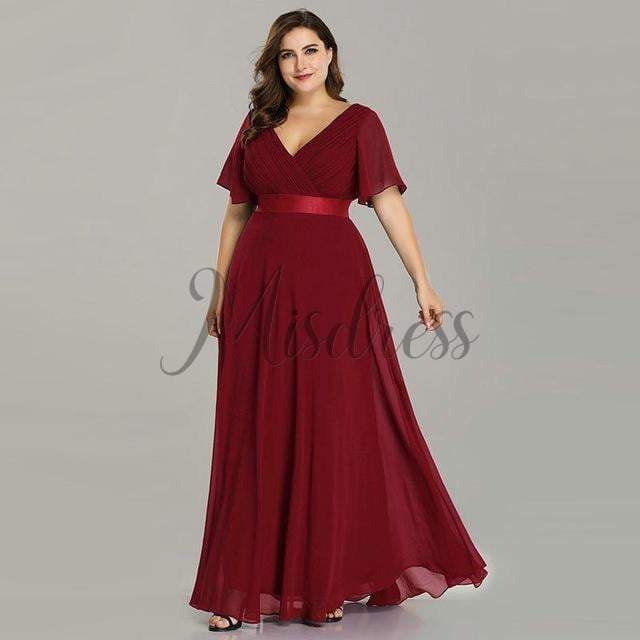Plus Size V Neck Short Sleeves Chiffon Wedding Bridesmaid Evening Dress 20 / Burgundy Plus Size V Neck Short Sleeves Chiffon Wedding Bridesmaid Evening Dress 20 / Burgundy