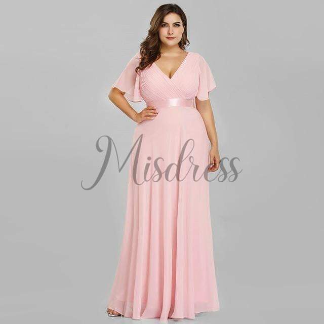 V-neck Chiffon Dresses with Half Sleeves Pearl Pink Plus Size