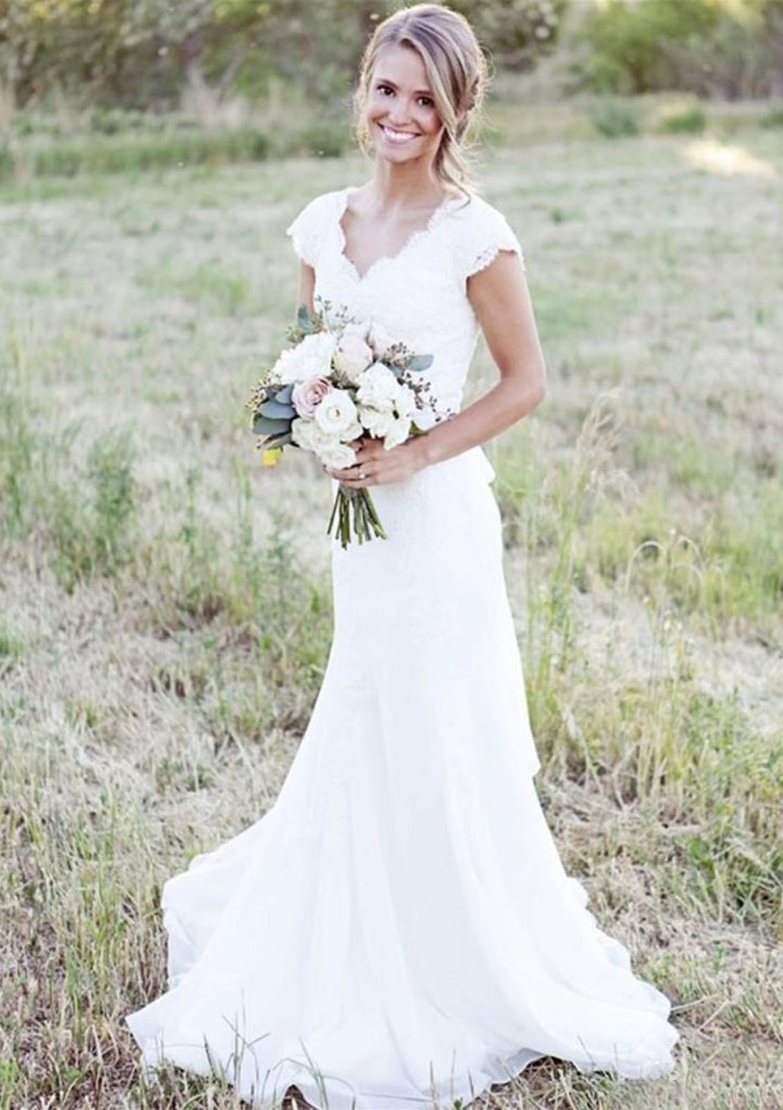 Cap Sleeve Mermaid Lace Chiffon Wedding Dress Sash Buttons -