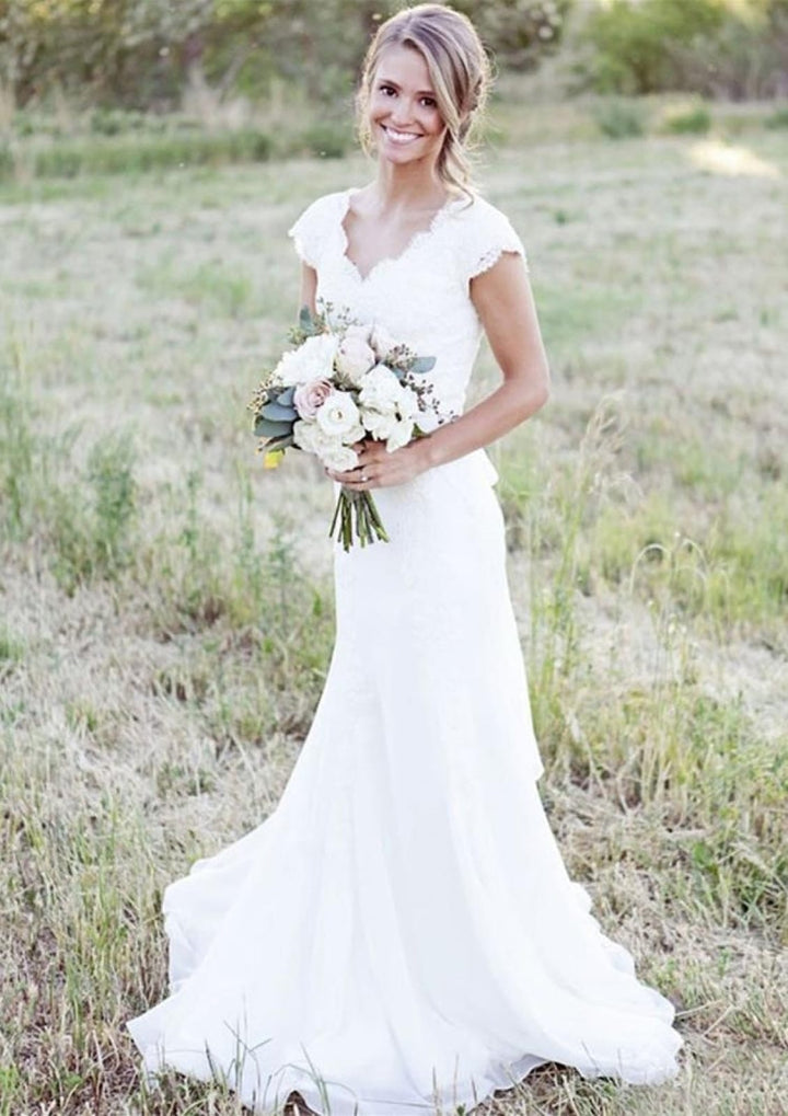 Cap Sleeve Mermaid Lace Chiffon Wedding Dress Sash Buttons -