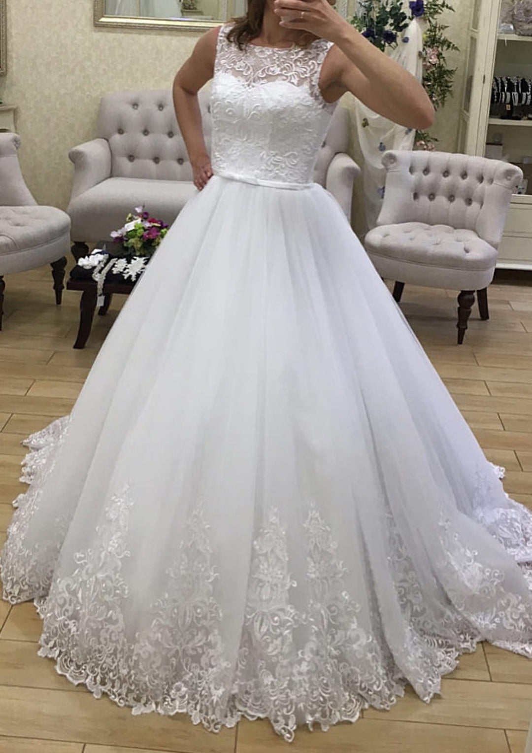 Sleeveless Bateau A-line Lace Tulle Floor Length Sweep Wedding Dress | Misdress Sleeveless Bateau A-line Lace Tulle Floor Length Sweep Wedding Dress | Misdress
